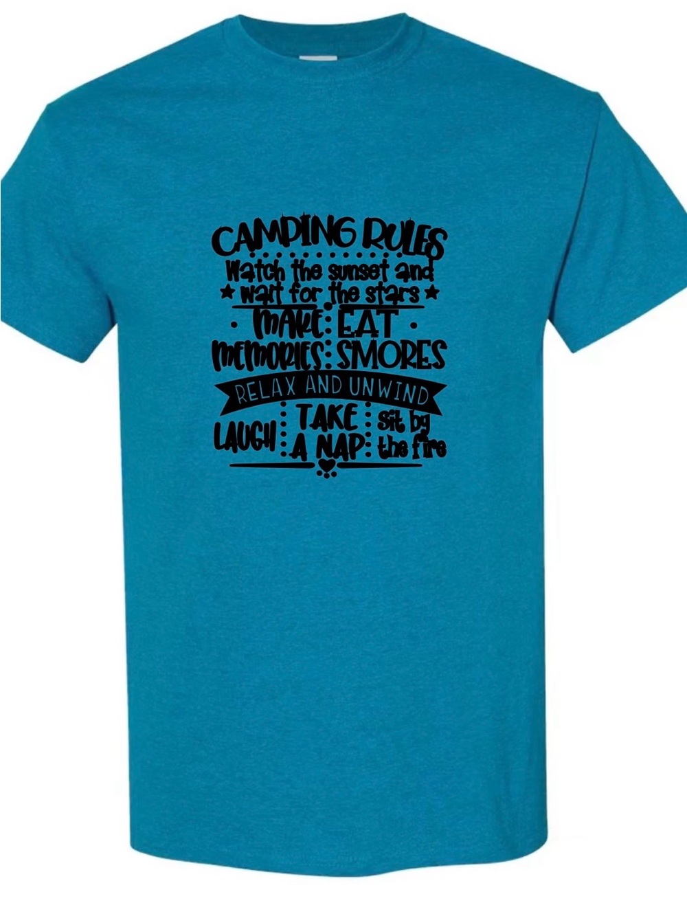Gildan Teal Blue Short Sleeve Tee with Black Camping Rules Graphic